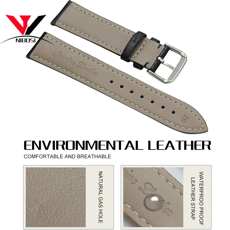 

High Quality 20mm 22mm Genuine Leather Strap Watch band NIBOSI Leather Watchband With Black Blue and Brown Colors