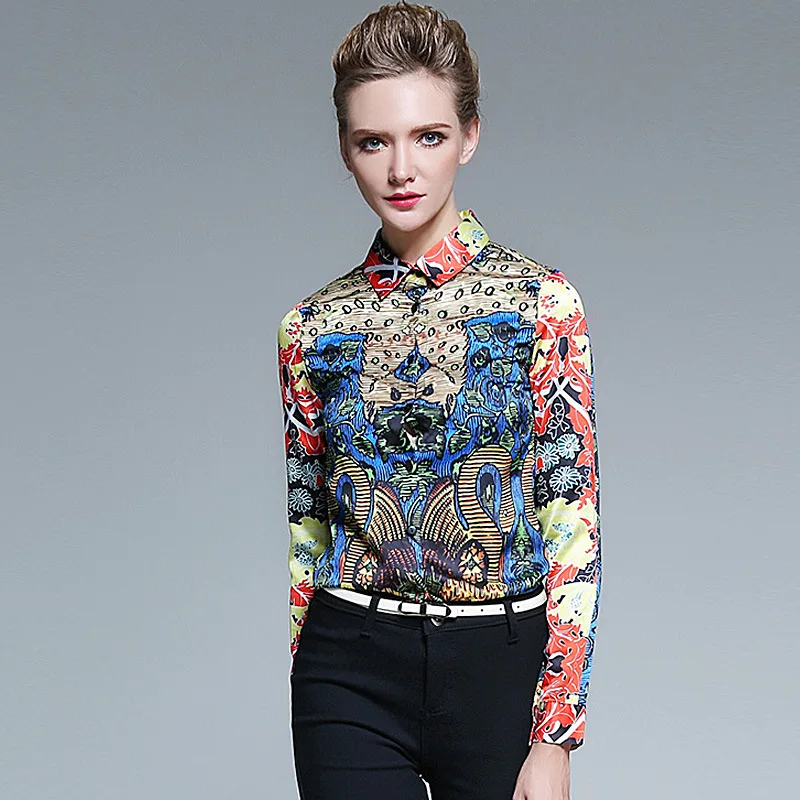 2017 Аппликации печати отложной воротник обычные рукава блузка рубашка осень