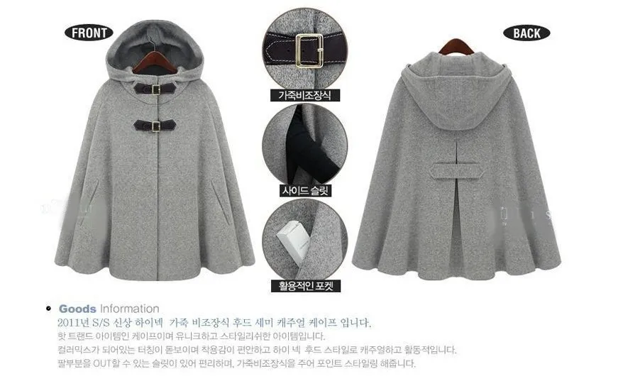 

Fashion Poncho Nice Autumn Spring Gossip Girl Grey Black Hooded Cape Coat Women Cloak Casacos Femininos Manteau Femme