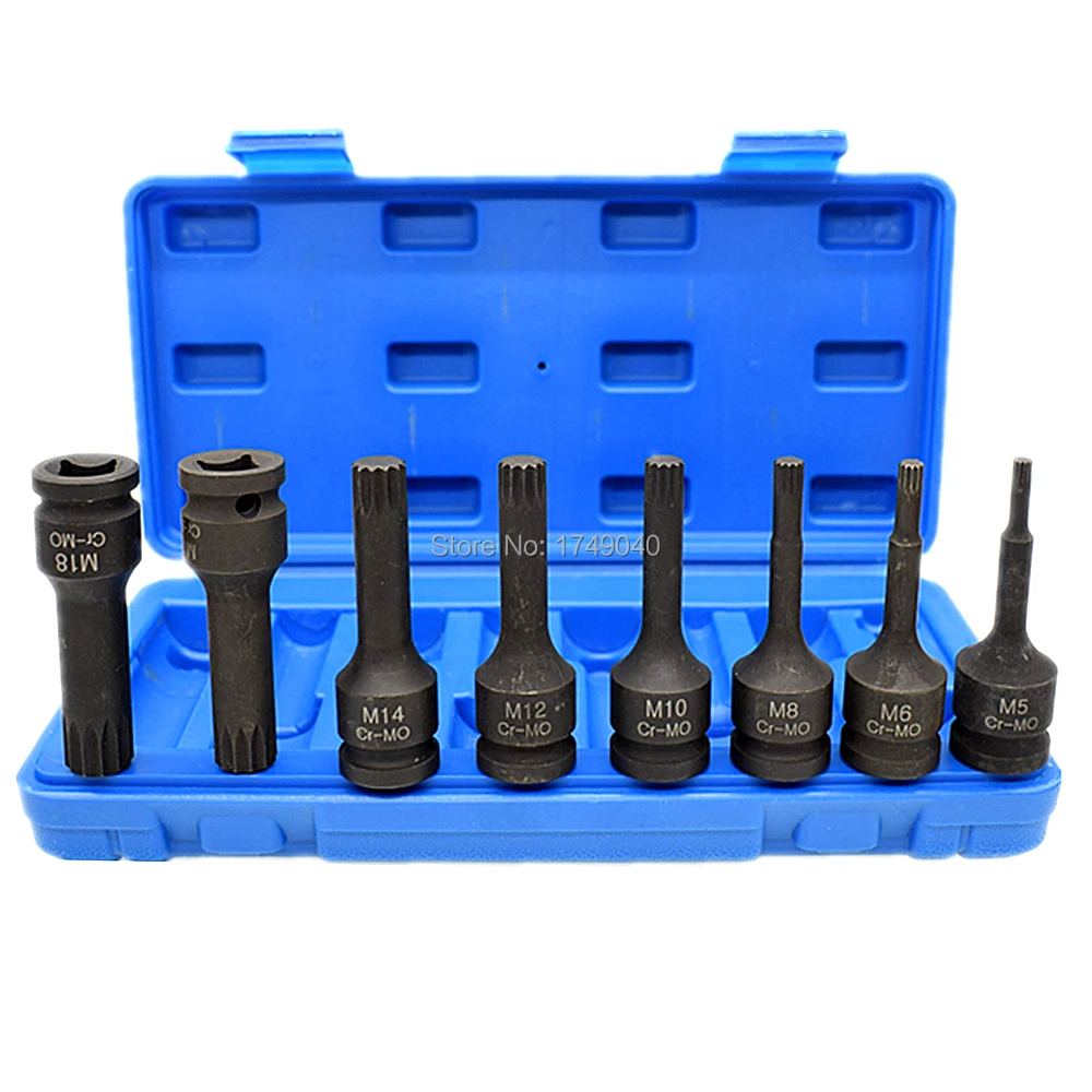 

Impact Spline Socket Bits 8pcs Set M5 M6 M8 M10 M12 M14 M16 M18 CR-MO Screw Driver Bit Screwdriver Bits 1/2" Square Drive