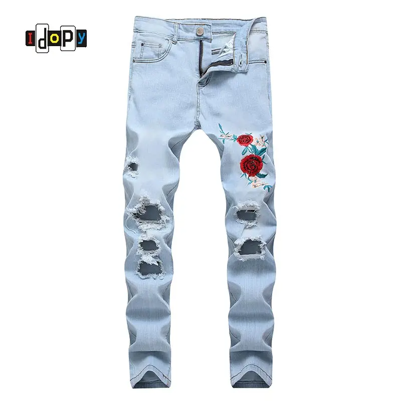 

Fashion Mens Ripped Jeans Floral Embroidery Straight Fit Lightblue Denim Pants Vintage Washed Destroyed Trousers With Holes