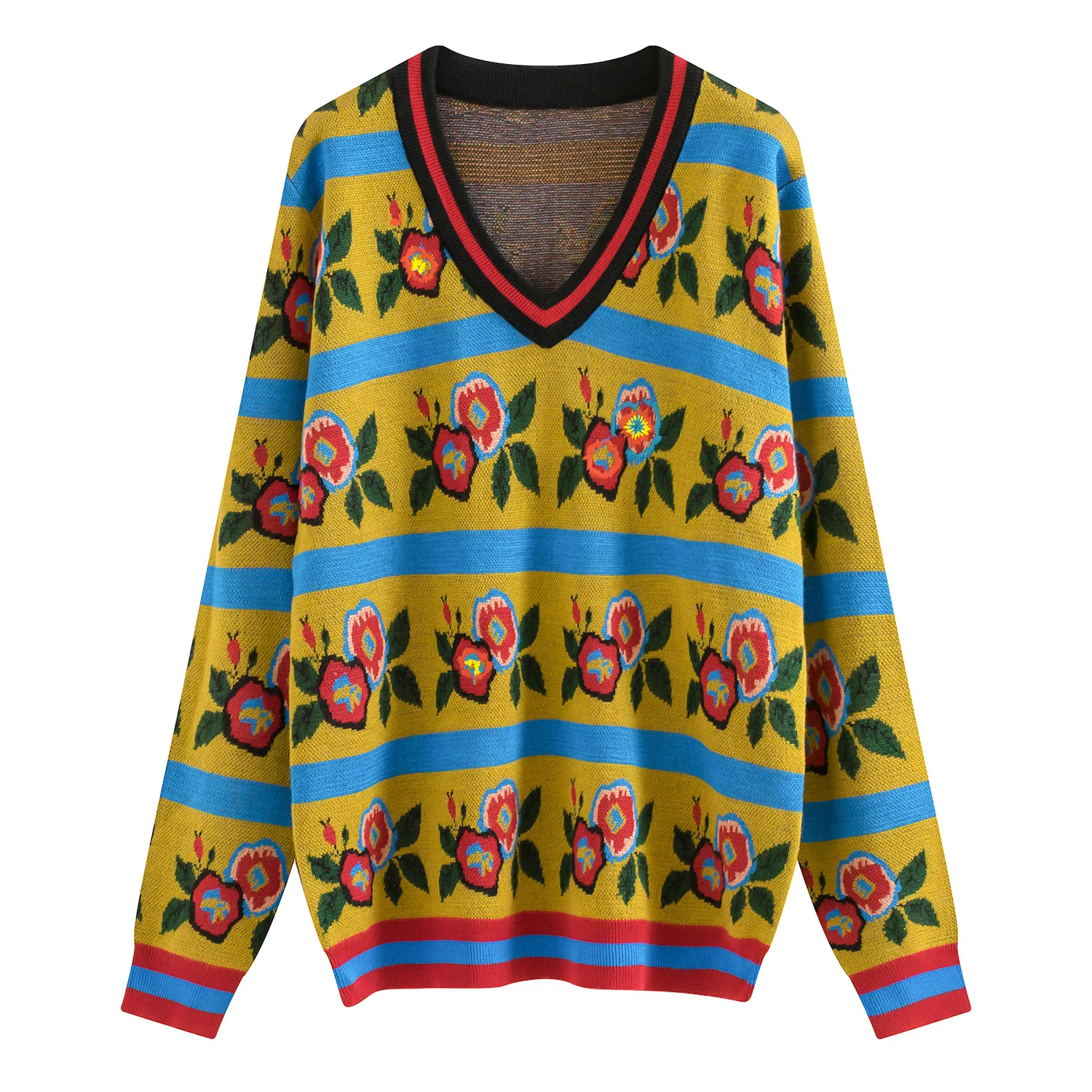 v-neck Высокое качество Женские Подиумные винтажные Цветочные свитера новые модные дизайнерские осенние и зимние вязаные пуловеры свитер - Цвет: v-neck