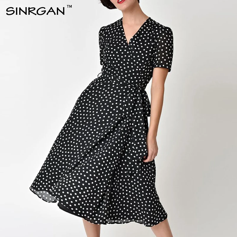 SINRGAN черный горошек печати зимнее платье vestidos v образным вырезом винтаж line роба
