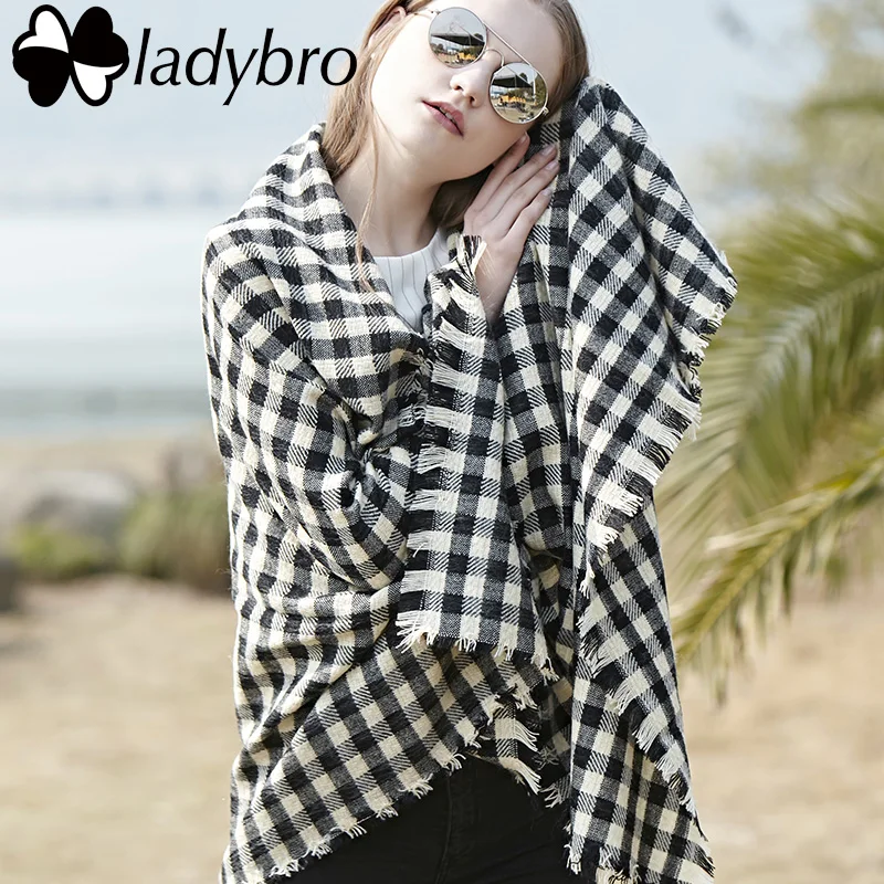 

Женский клетчатый шарф Ladybro, розовый вязаный шарф в клетку, зимний, 2019