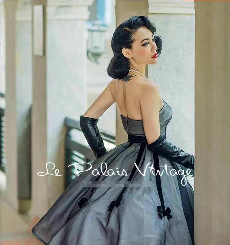 Винтажное платье с бантом 1950 классическое бальное бандо серебристого и серого