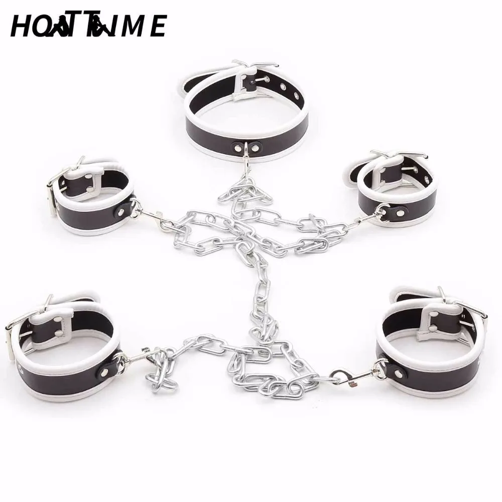 2019 Новый набор для связывания кожаных наручников SM с ошейником для щиколотки с 1-метровой цепью BDSM пара взрослый секс заклепка тело пытки фетиш косплей HOTTIME.