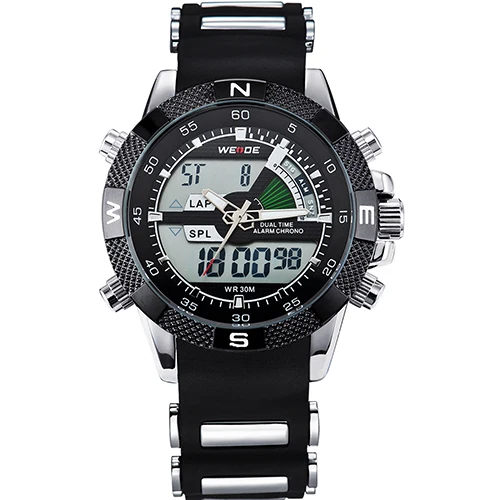 Silicone Black Dial WEIDE Часы Мужчины LCD Аналоговые Цифровые Часы Спорт Задняя Подсветка Будильник Оригинальныые ПУ Ремешок Секундомер Автоматическая дата Секунда Месяц Дата Неделя Кварцевый Водонепроницаемые Наручные Мужские Часы - Цвет: Silicone Black Dial