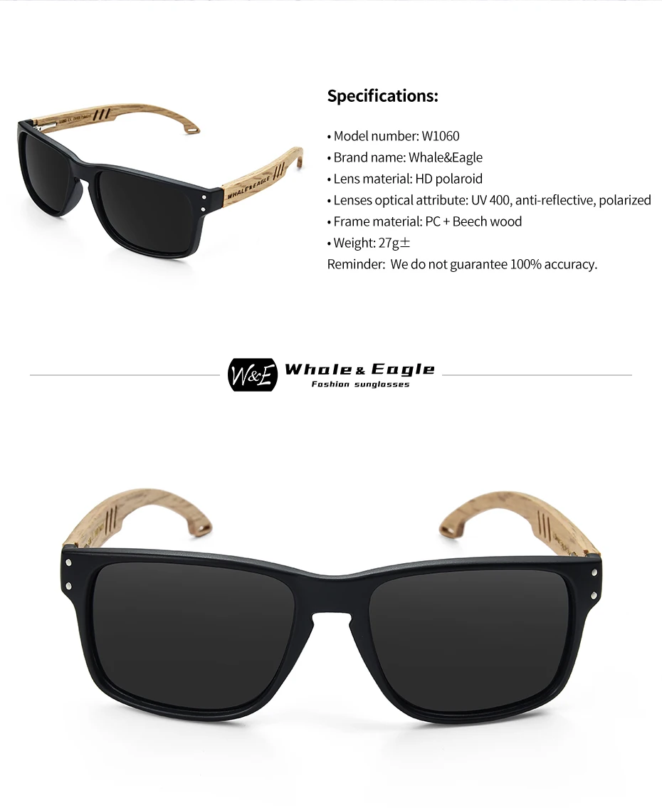 Sunglasses Men Wooden Zebra UV400 W&E Polarized Sunglasses Women Beech Blue Green Lens Handmade Fashionable Brand Cool