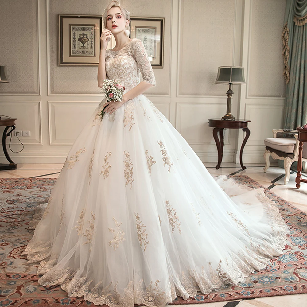 Robe Mariage Femme China Custom Made Lace Up Half Sleeve Gold Appliques Ivory Ball Gown Wedding Dress Plus Size Trajes De Novia | Свадьбы и