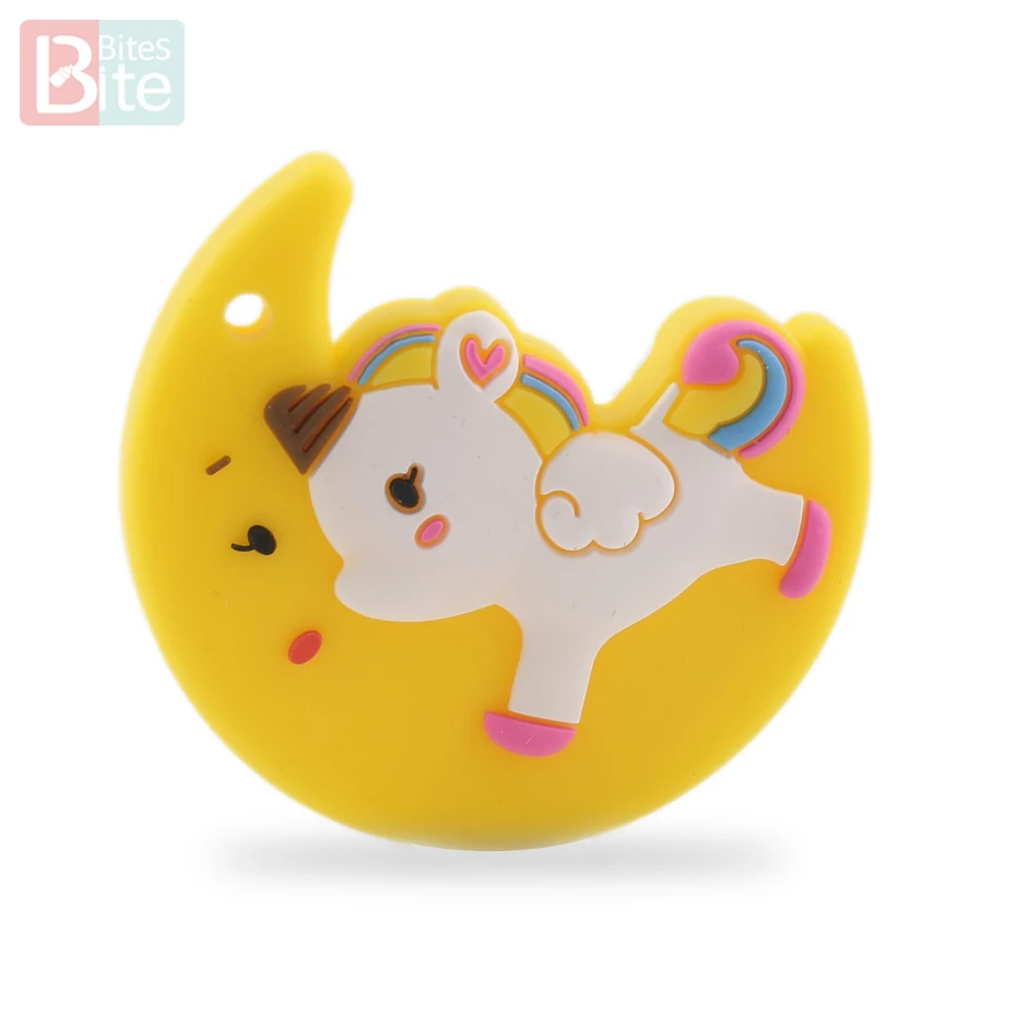 Unicorn Yellow Укусы 1 шт. Единорог силиконовый Прорезыватель для зубов Прорезыватель бусины DIY жевательное ожерелье Детская Подвеска пищевой детский Силиконовый грызунок - Цвет: Unicorn Yellow