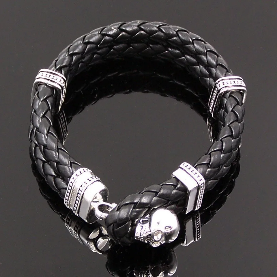 925 пробы серебряные кожаные браслеты с черепом для мужчин, модные Glam Bijoux Томас стиль браслет ювелирные изделия лучший подарок для мужчин и женщин