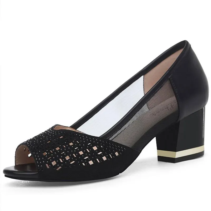 Женские сетчатые сандалии белые дышащие босоножки на толстом каблуке