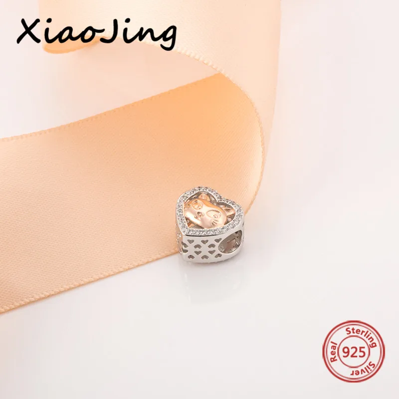 Подвеска кошка из серебра 925 пробы с сердцем розового золота бусина фианитами