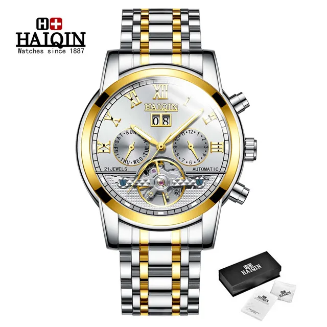 S-gold white Автоматические механические мужские часы Топ бренд HAIQIN Роскошные мужские часы бизнес турбийон военные мужские наручные часы Reloj Hombres - Цвет: S-gold white