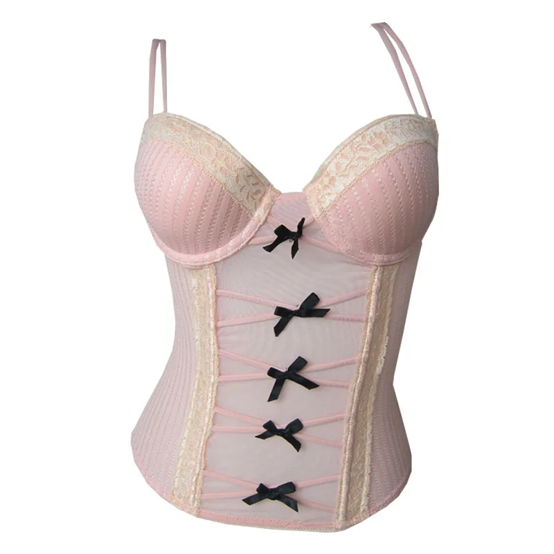 

NEW Corset Waist Trainer Pink Color Sexy Corsets And Bustiers 34A 32B 38D Bustier Corset With Bow Women Overbust Corselet
