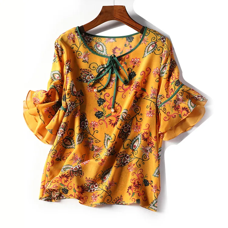 Женская летняя блуза из 100% натурального шелка с расклешенными рукавами Базовая