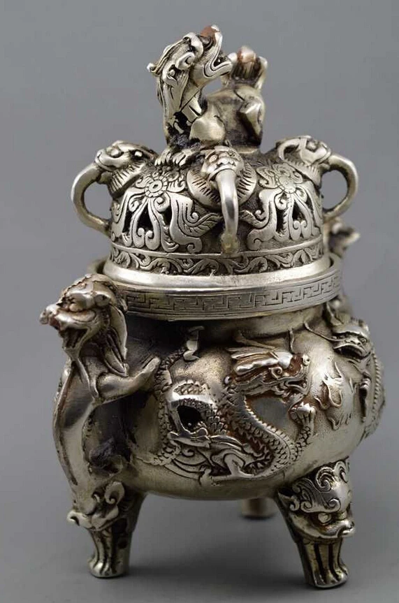 WBY---607+++Chinese buddhist manual old silver copper dragon lion statues incense burner |