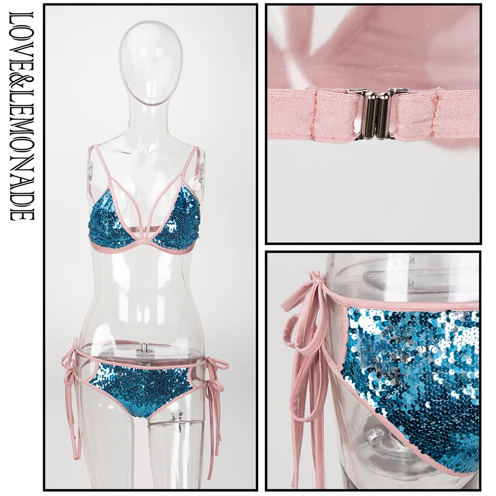 

LOVE & LEMONADE Pink Cut Out Sequins Stitching Two-Pieces Sets LM1150