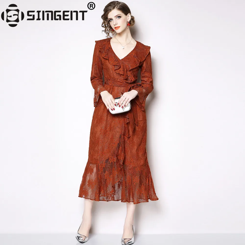 Женское платье с длинным рукавом V образным вырезом и оборками|Женские платья| |