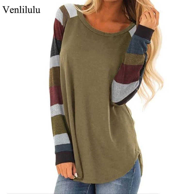 Осенняя полосатая футболка с длинным рукавом женская свободного размера плюс