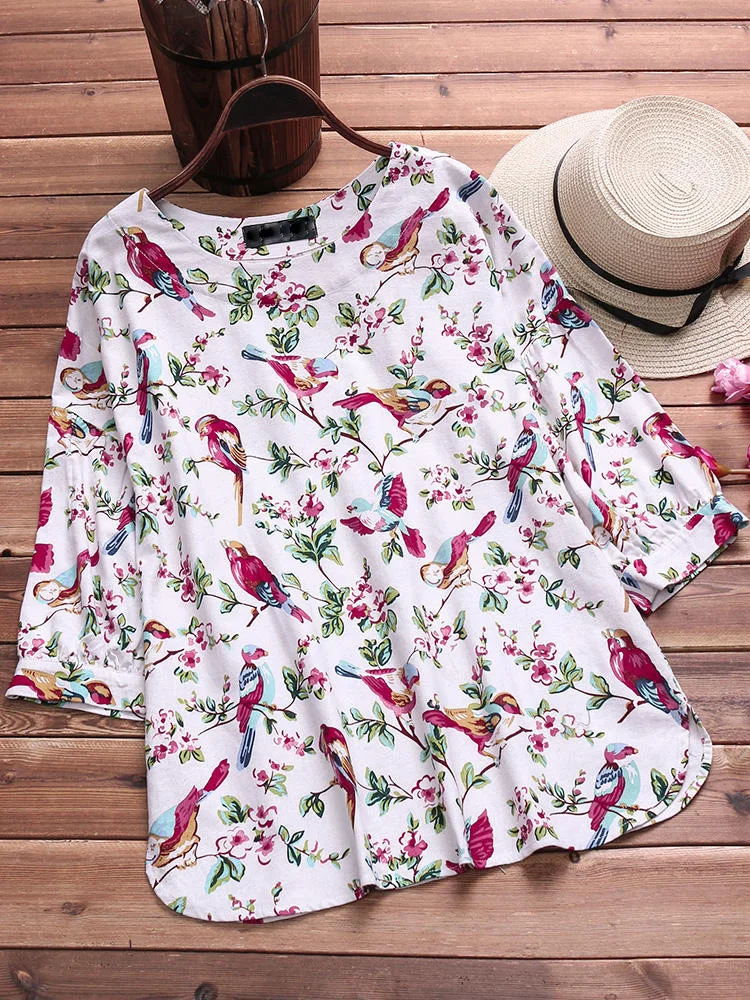 Large size women's shirt cotton and linen printed plus size 5XL 6XL 7XL 8XL 9XL summer round neck long sleeve loose white top