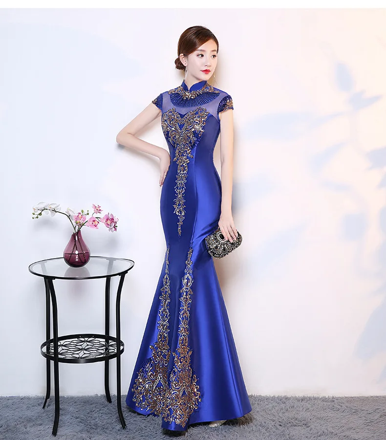 Современный зеленый вышивка Cheongsam хвост русалки Длинные Qipao Fsahion платья с блестками женское китайское вечернее платье Восточный стиль - Цвет: Blue