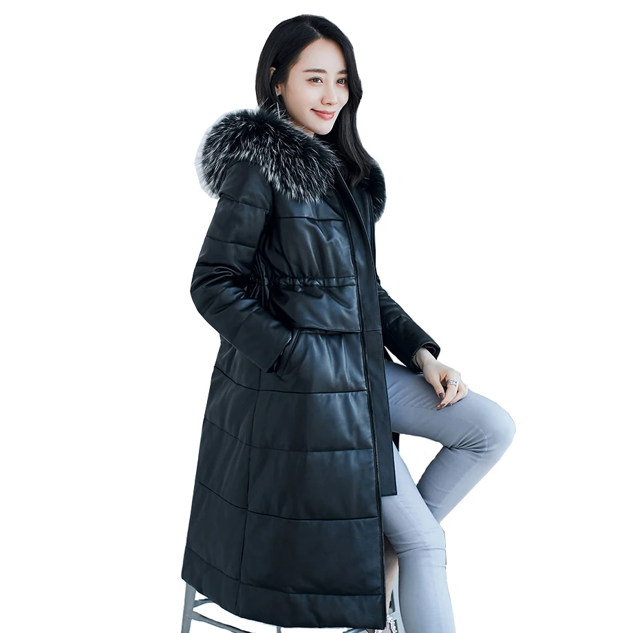 

Luxury Genuine Sheepskin Leather Suede Coat Jacket Fox Fur Hoody Winter Women Slim Outerwear LF4248