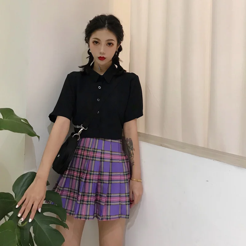 Harajuku Весна Лето для женщин фиолетовый цвет градиент плед Юбки для девочек Высокая талия милые тонкие Kawaii плиссированные юбки