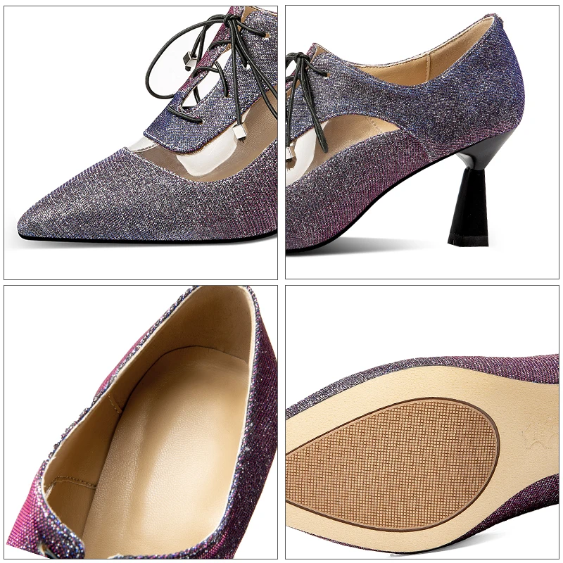 ISNOM Unusual Heels High Pumps Women Pointed Toe Lace Up Footwear Fashion Pvc Party Sequined Shoes Female Bling Shoes Woman