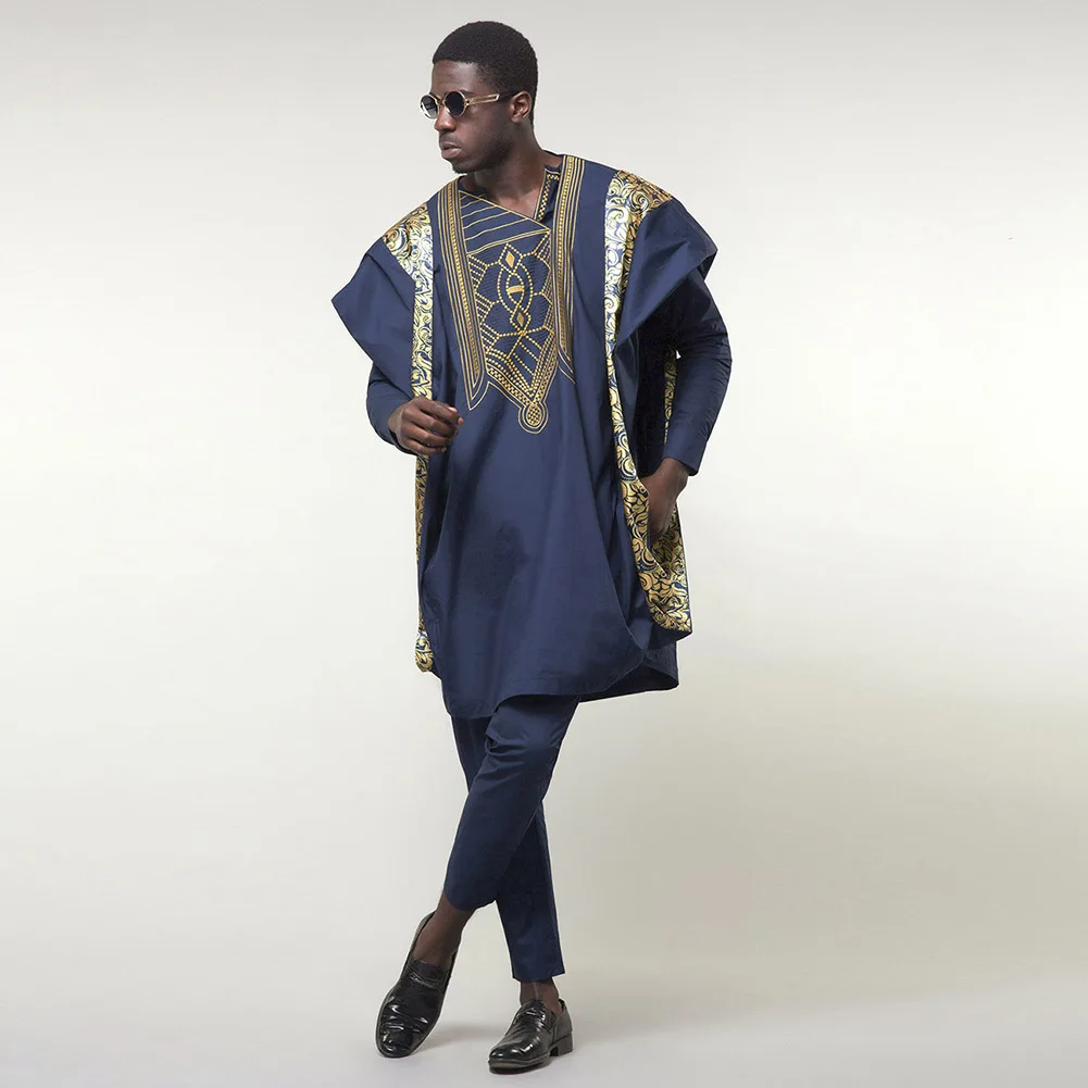 SUNGIFT Мужская традиционная одежда в африканском стиле с принтом Agbada Топ dashiki рубашки и брюки Boubous Slim Fit наряды 3 шт.(M-6XL