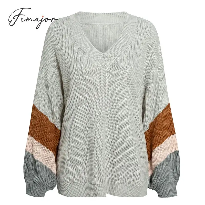 Femajor Women Autumn Winter Sweater Casual V Neck Knitted Pullover Female Gray Block Long Sleeve Tops Mujer Loose Jumper | Женская