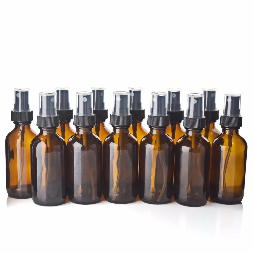 12pcs 60ml Amber Glass Spray Bottle Empty Refillable Containers with Black Fine Mist Sprayer for Essential Oils Perfume 2Oz
