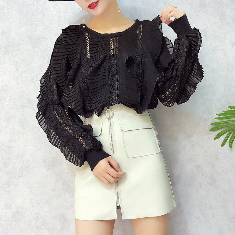 ALPHALMODA Осенние новые кружевные блузки с оборками в полоску сексуальные женские