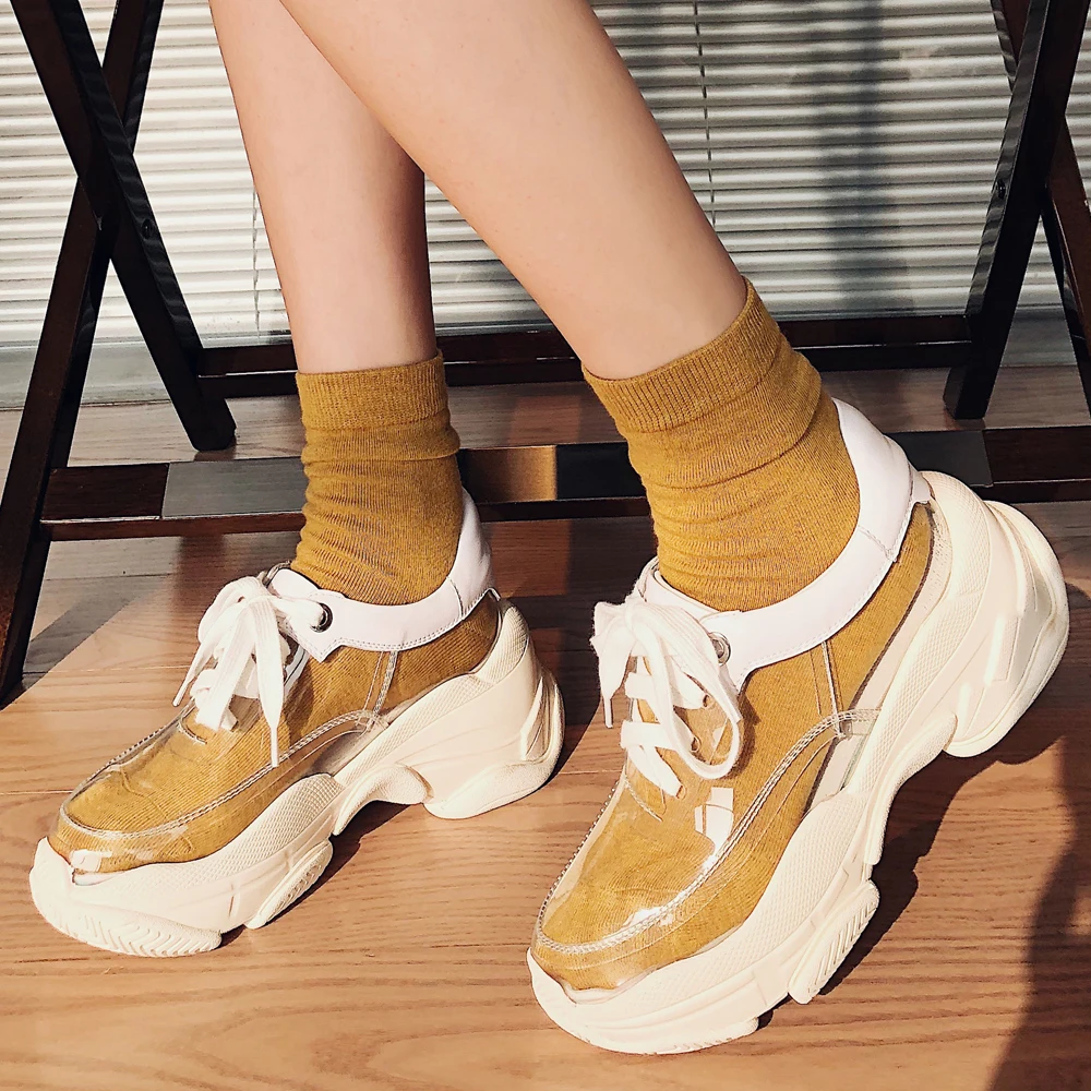 

ANNYMOLI Shoes Women Sneakers Genuine Leather Transparent Flats Lace Up Flat Platform Summer Female Casual Shoes White 2019 New