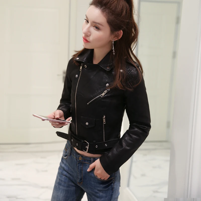 Осень 2019 новинка корейский стиль длинный рукав однотонный цвет мотоциклетное