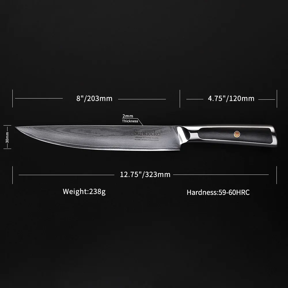Нож для нарезки кухонный SUNNECKO VG10 острые лезвия из дамасской стали 8 дюймов 73 слоя