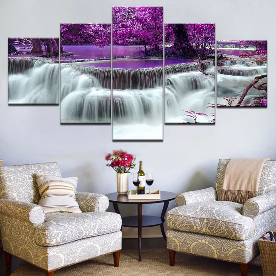 

5Panel HD Printed The purple forest with waterfall Landscape Print On Canvas Art Painting For home livingroom decoration