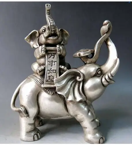 

decoration factory outlets white Copper Silver 8" China Silver carved Feng Shui as one wishes two Elephants Sculpture Statue