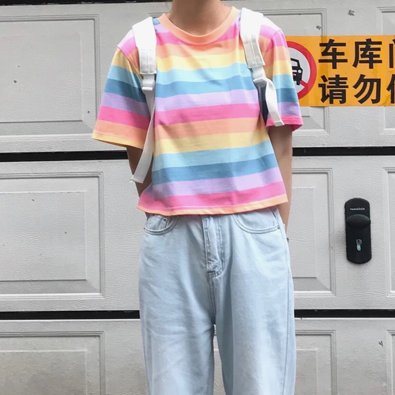 Женская свободная туника в радужную полоску летние женские футболки стиле панк