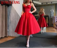 retro red black straps prom dresses 2019 a line tea length plus size cheap satin short cocktail party gowns with pockets