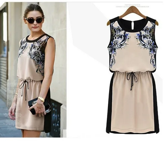 2014 New Summer Women's clothing High quality Fashion Casual dress Woman Chiffon Pinched Waist Women Printed Clothes | Женская