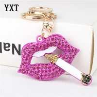 hot fashion cigarette lip rose mei red charm pendant crystal car purse handbag key chain ring creative party birthday gift