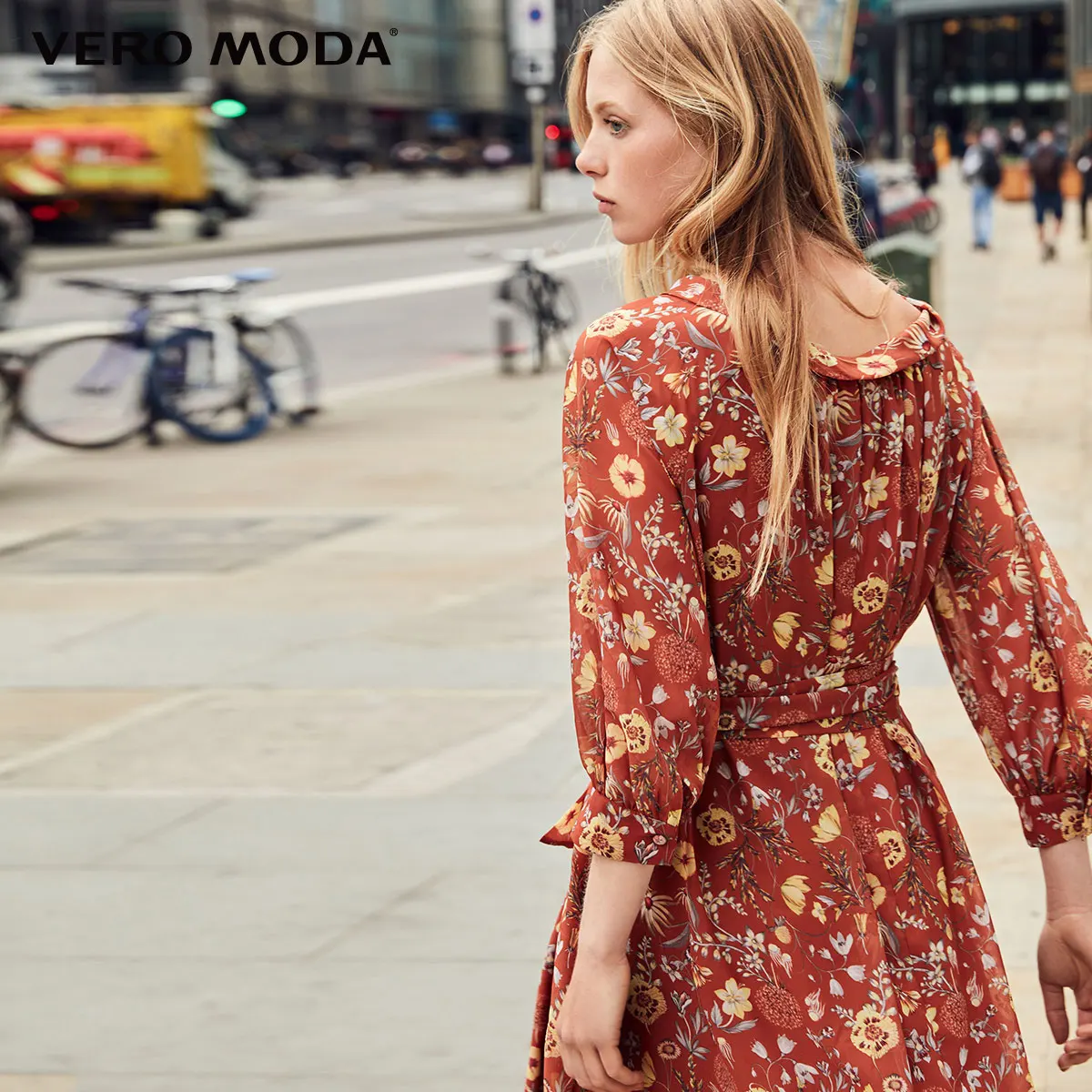 Vero Moda New Women's Low-cut Round Neckline Balloon 3/4 Sleeves Printed Chiffon Dress | 31837C515