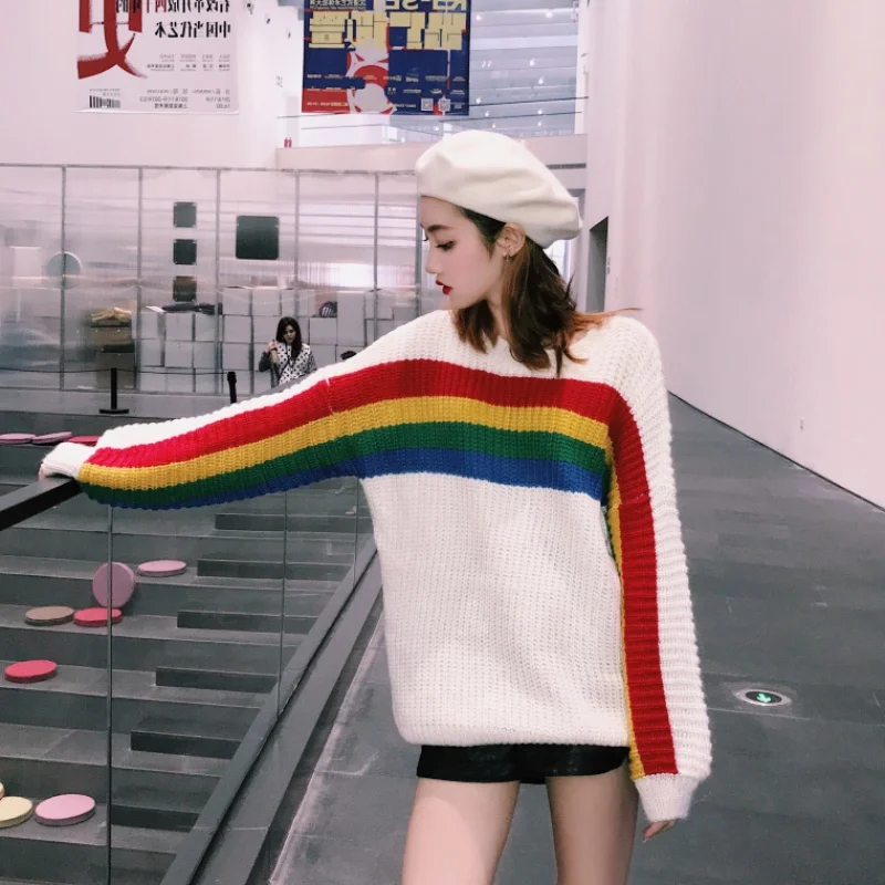 Женский свитер в японском стиле Kawaii Ulzzang Свободный Полосатый Радужный с цветными
