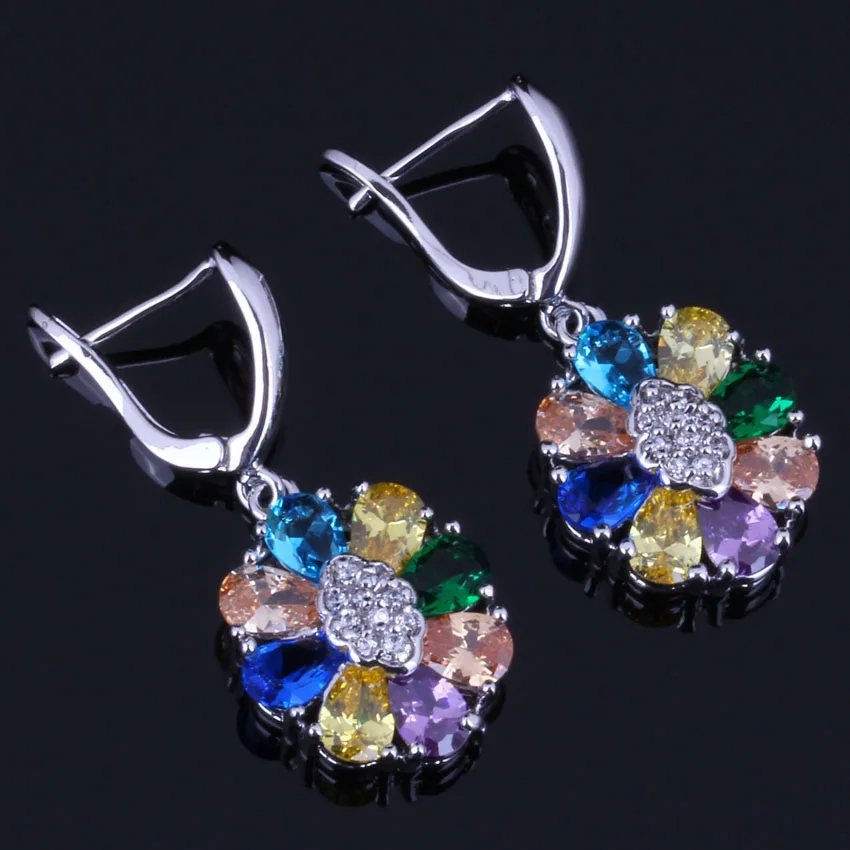 

Royal Oval Multigem Multicolor Brown Cubic Zirconia White CZ Silver Plated Drop Dangle Earrings V0762