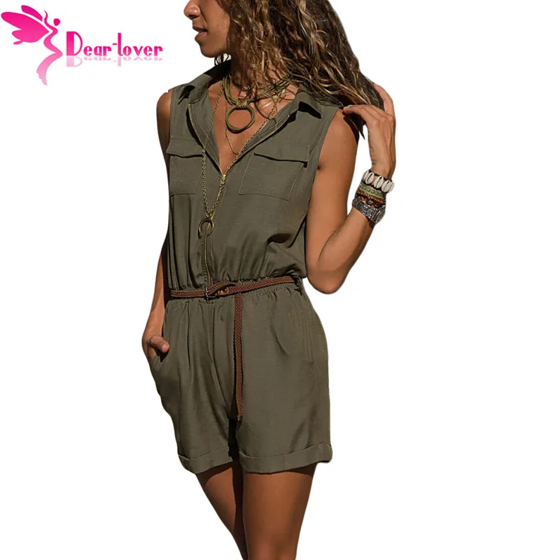 Dear Lover Повседневное Playsuit Лето Армейский зеленый без рукавов на молнии короткий