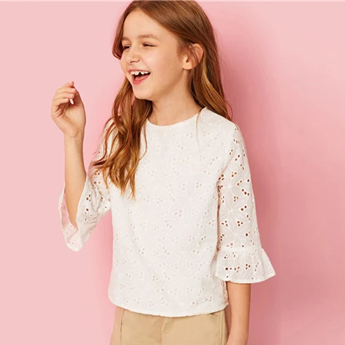Белый SHEIN Kiddie Ginger/однотонная кружевная блузка с рюшами и проймой для подростков г., летняя детская блузка с рукавами-бабочками на пуговицах, рубашка - Цвет: Белый