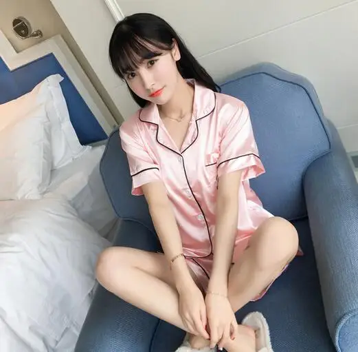 Летняя Пижама для женщин шелковая пижама с коротким рукавом и шорты комплект сна