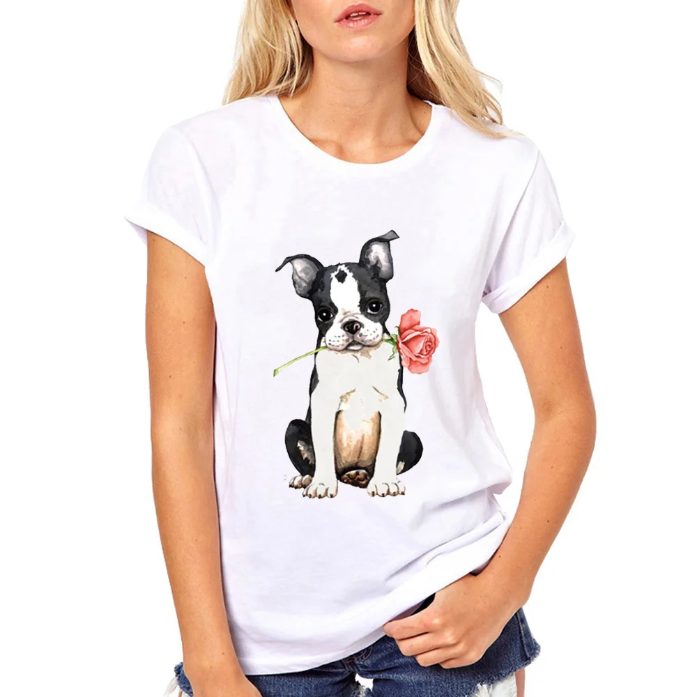 Rose Mini Schnauzer dog t shirt women Girl's Cute print Summer Short Sleeve Casual animal French Bulldog shirts For Women | Женская