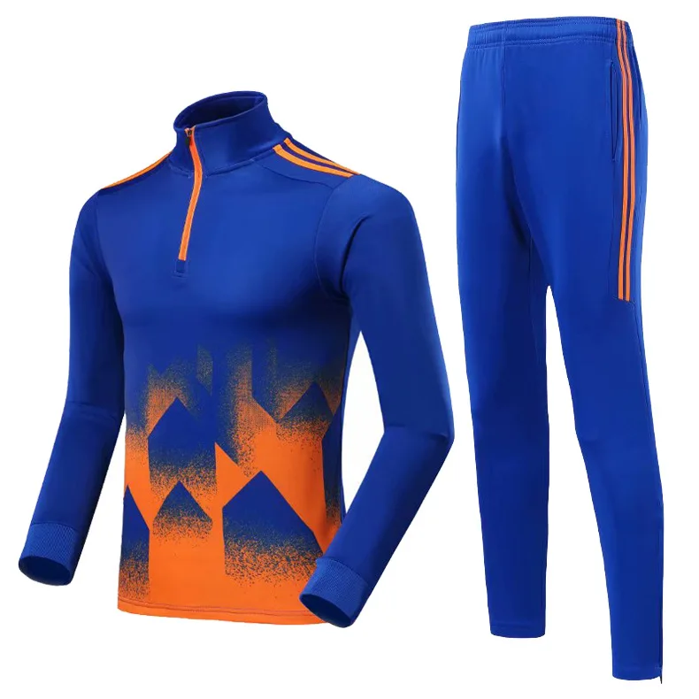 blue set Зимняя детская и взрослая Футбольная форма с длинным рукавом, флисовая подкладка, футбольные майки, комплект, тренировочный костюм, спортивные костюмы, футбольные майки - Цвет: blue set